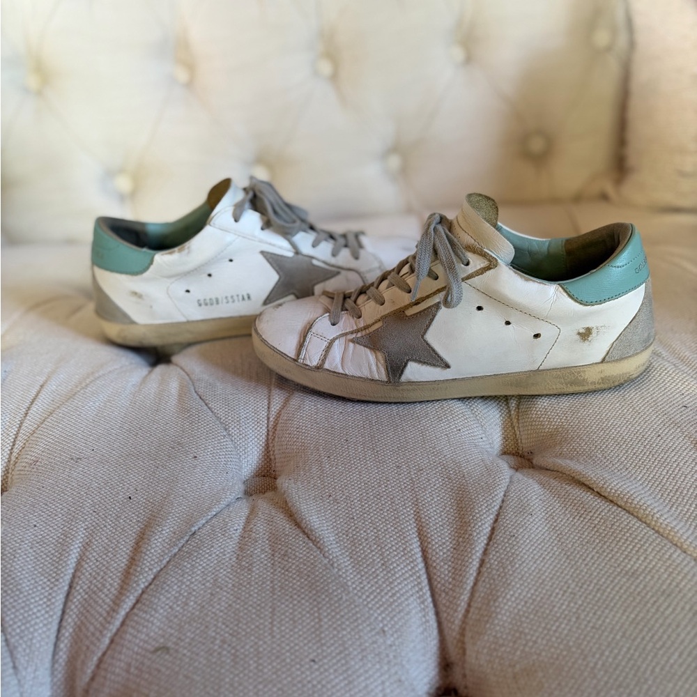 Women’s Golden Goose White Lace-Up Leather Sneakers with teal backs